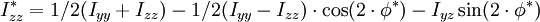 I_{zz}^* = 1/2 ( I_{yy} + I_{zz}) - 1/2 ( I_{yy} - I_{zz}) \cdot \cos(2 \cdot \phi ^*) - I_{yz}\sin(2 \cdot \phi ^*)