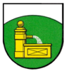 Das Buhlbronner Wappen, ist ein gelber Brunnen auf grünem Grund mit weißer (silberner) Umrahmung.