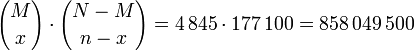 { M \choose x } \cdot { {N - M }\choose {n - x }} = 4\,845 \cdot 177\,100 = 858\,049\,500