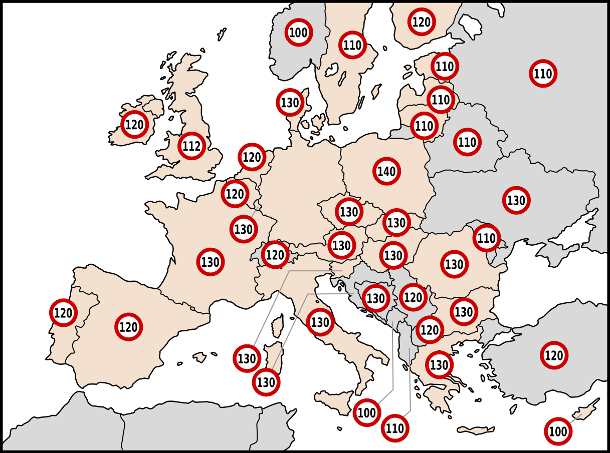 Motorway Speed Limits in Europe in km/h (EU-27 coloured) [871x648][OS