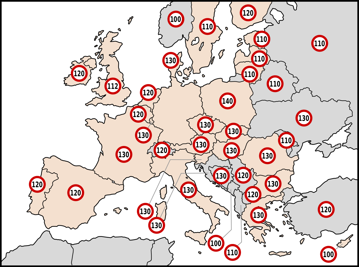 Motorway Speed Limits In Europe In Km h EU 27 Coloured 871x648 OS 