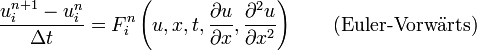 \frac{u_{i}^{n + 1} - u_{i}^{n}}{\Delta t} = 
F_{i}^{n}\left(u, x, t, \frac{\partial u}{\partial x}, \frac{\partial^2 u}{\partial x^2}\right) \qquad \mbox{(Euler-Vorwärts)}