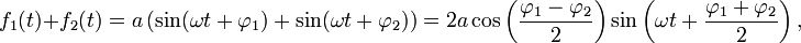 
f_1(t) + f_2(t) = a \left( \sin(\omega t + \varphi_1) + \sin(\omega t + \varphi_2) \right) = 2a \cos\left(\frac{\varphi_1 - \varphi_2}{2}\right) \sin\left(\omega t + \frac{\varphi_1 + \varphi_2}{2}\right), \,
