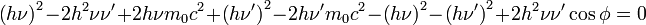 \left(h\nu\right)^2-2h^2\nu\nu'+2h\nu m_0c^2+\left(h\nu' \right)^2-2h\nu'm_0c^2-\left(h\nu \right)^2-\left(h\nu'\right)^2+2h^2\nu\nu' \cos \phi=0