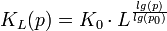 K_L(p) = K_0 \cdot L^{\frac{lg(p)}{lg(p_0)}}