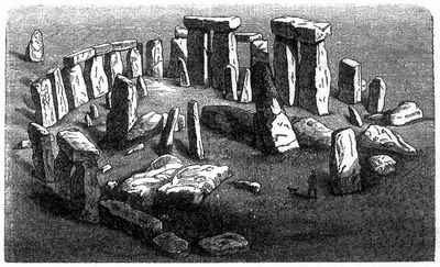 Stonehenge im 19. Jahrhundert, von Westen gesehen. (Nach Lubbock.) Der außerhalb des Kreises stehende Pfeiler ist der sogen. astronomische Stein.