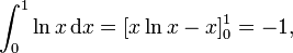 \int_0^1{\ln x\,\mathrm dx} = [x\ln{x}-x]_0^1 = -1,