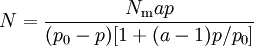 N = \frac{N_\mathrm{m}ap}{(p_{0}-p)[1+(a-1)p/p_{0}]}