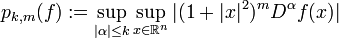 p_{k,m}(f) := \sup_{|\alpha|\le k}\sup_{x\in {\mathbb R}^n} |(1+|x|^2)^m D^\alpha f(x)|