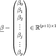
\underline \beta=
  \begin{pmatrix}
    \beta_0 \\
    \beta_1 \\
    \beta_2 \\
    \vdots\\
    \beta_j \\
    \vdots\\
    \beta_p
  \end{pmatrix} \in \mathbb{R}^{(p+1) \times 1}
   \;