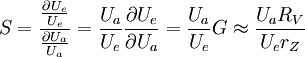 S = \frac{\frac{\partial U_{e}}{U_{e}}}{\frac{\partial U_{a}}{U_{a}}} = \frac{U_{a}}{U_{e}}\frac{\partial U_{e}}{\partial U_{a}} = \frac{U_{a}}{U_{e}} G\approx \frac{U_{a}R_{V}}{U_{e}r_{Z}}