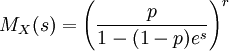 M_{X}(s) = \left(\frac{p}{1-(1-p) e^{s}}\right)^{r}