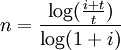 n = \frac{\log (\frac{i+t}{t})}{\log(1+i)}