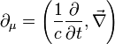 \partial_\mu=\left(\frac{1}{c}\frac{\partial}{\partial t},\vec\nabla\right)