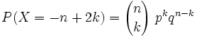 P(X=-n+2k) = { n \choose k } ~ p^k q^{n-k}
