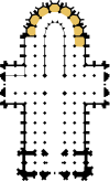 Grob schematisierter Grundriss des Kölner Domes auf Basis diverser alter Grundrisse nachgezeichnet. Kapellenkranz und Marienkapelle farblich hervorgehoben