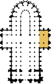 Grob schematisierter Grundriss des Kölner Domes auf Basis diverser alter Grundrisse nachgezeichnet. Südquerhaus farblich hervorgehoben