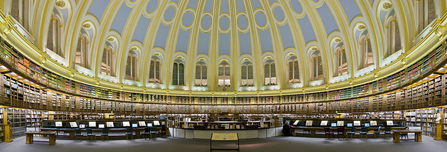 Panorama des alten Lesesaals der British Library, 1857–1997, dann renoviert, 2000 mit veränderter Funktion neu eröffnet