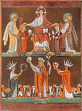 (obere Hälfte) Heinrich II. und Kunigunde werden von Christus gekrönt, aus dem Perikopenbuch Heinrichs II.