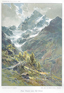 Pizzo Tresero vom nordwestlich gelegenen Val Furva aus gesehen, Zeichnung von Edward Theodore Compton