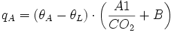 q_A = (\theta_A - \theta_L) \cdot  \left(\frac{A1}{CO_2} + B \right) 