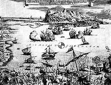 Zeitgenössischer Stich der Belagerung von Gibraltar 1727