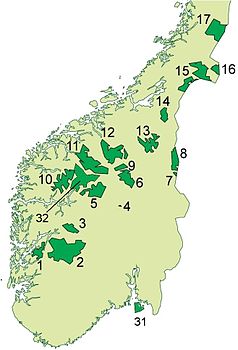 Die Nationalparks in Süd-Norwegen (Der Dovrefjell-Sunndalsfjella-Nationalpark hat Nummer 12)