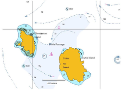 Karte mit Curtis Island im Südosten und Cheeseman Island im Nordwesten