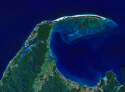 NASA-Satellitenaufnahme der Golden Bay und von Farewell Spit