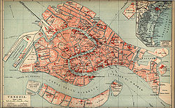 Karte der Altstadt von Venedig: San Michele ist die rechteckige Insel im Norden der Altstadt (Planquadrat G1)