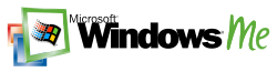 Schriftzug "Windows (R)", über dem "W" klein geschriebener Schriftzug "Microsoft (R)", rechts davon ein handschriftliches "Me", im linken Bildteil stilisierte übereinander liegende dreidimensionale Fenster, das Fenster im Vordergrund mit einem wehenden bunten Windowslogo darin
