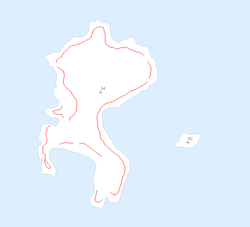 Karte der Insel (Norden ist unten)rechts Haggits PillarSteilküsten sind rot dargestellt