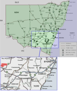 Karte von Australien, Position von Leeton hervorgehoben