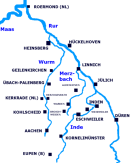 Verlauf von Inde, Wurm und Merzbach