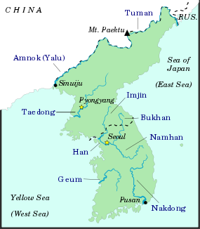 Verlauf des Yalu an der Grenze zwischen China und Nordkorea
