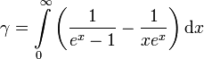 \gamma =  \int\limits_0^\infty\left(\frac1{e^x-1} - \frac1{xe^x}\right) \mathrm dx