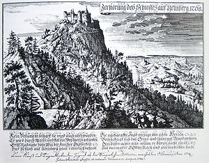 Die Zerstörung der Üetliburg 1268 auf einem Kupferstich von David Herrliberger (1714)