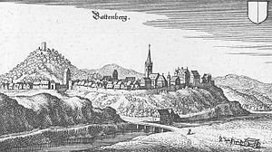 Battenberg (Bildmitte) und die Kellerburg (links) - Auszug aus der Topographia Hassiae von Matthäus Merian 1655