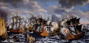Die Seeschlacht in der Køgebucht auf einem Gemälde von Claus Møinichen aus dem Jahr 1686.