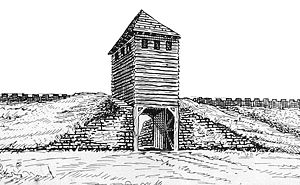 Anhand der Ausgrabung rekonstruierter Torbereich mit Turm