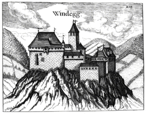 Die Burg Windegg um 1674, Kupferstich von Georg Matthäus Vischer