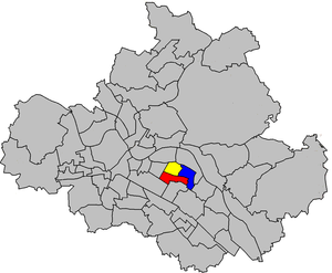 Lage von Striesen-Ost (blau), -Süd mit Johannstadt-Südwest (rot) und -West (gelb) in Dresden