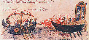 Die Byzantinische Flotte beim Einsatz von Griechischem Feuer