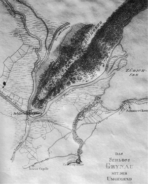 Lageplan von Schloss Grynau von 1820 mit dem alten Lauf der Linth. Zur Zeit der Schlacht reichte der Zürichsee vermutlich noch bis zum Schloss. Die Schlacht muss also in der Nähe der heutigen Orte Uznach, Tuggen oder Schmerikon stattgefunden haben.