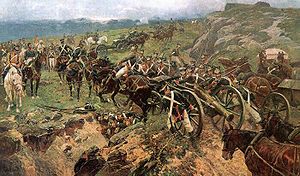 Gemälde von Franz Roubaud. Russische Soldaten bilden eine menschliche Brücke, um Kanonen über einen Graben zu transportieren.