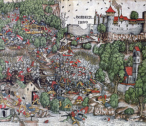 Die Schlacht bei Dornach 1499 auf einem zeitgenössischen Holzschnitt