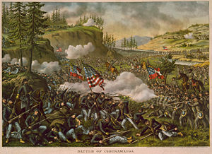 Schlacht am Chickamauga, kolorierte Lithografie von Kurz &amp;amp;amp; Allison