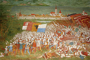 Die Schlacht auf einem modernen Fresko in der Schlachtkapelle von Sempach