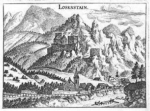 Kupferstich, Ansicht der Ruine Losenstein aus 1674
