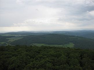 Wolsküppel (Bildmitte) vom Aussichtsturm auf dem Pferdskopf, links daneben Riedelbach